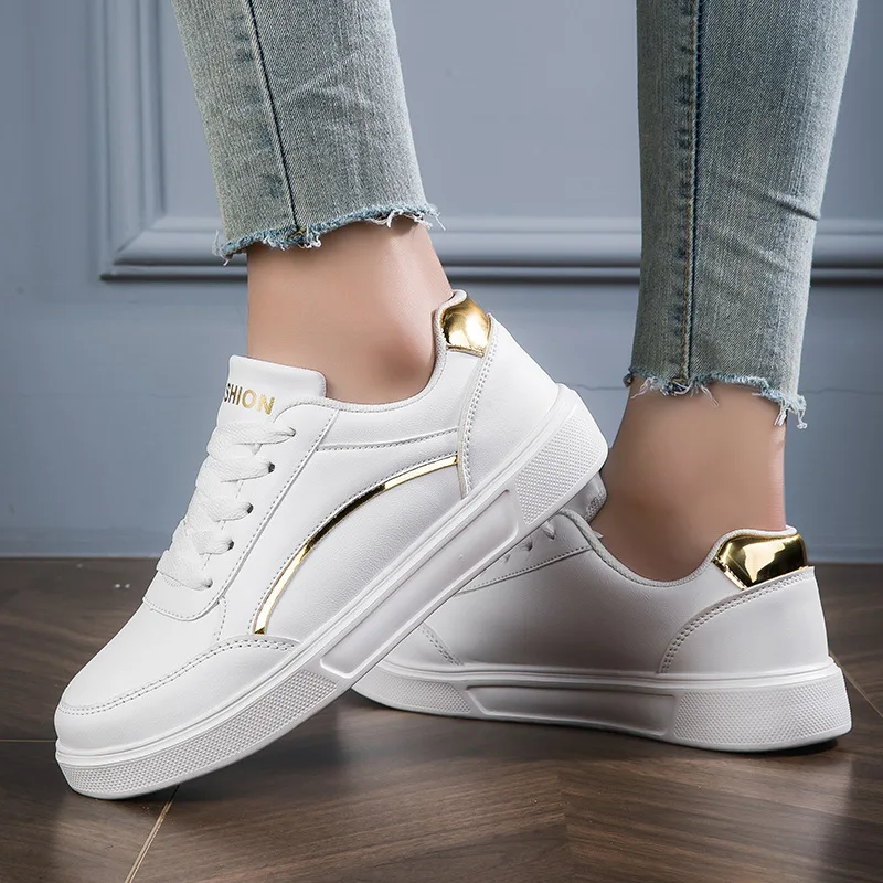 New Fashion Women's Shoes Trendy Faux Leather Flat Heighten Skate Shoes, Wear Resistance Non Slip Lace Up Sneakers