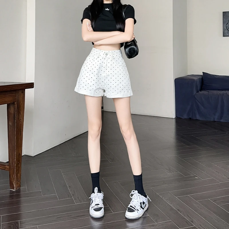 웨이브 도트 프린트 데님 반바지, 하이웨이스트 와이드 레그 데님 팬츠, 여성 패션, 블랙, 화이트, 핑크, 여름, 2024 신상