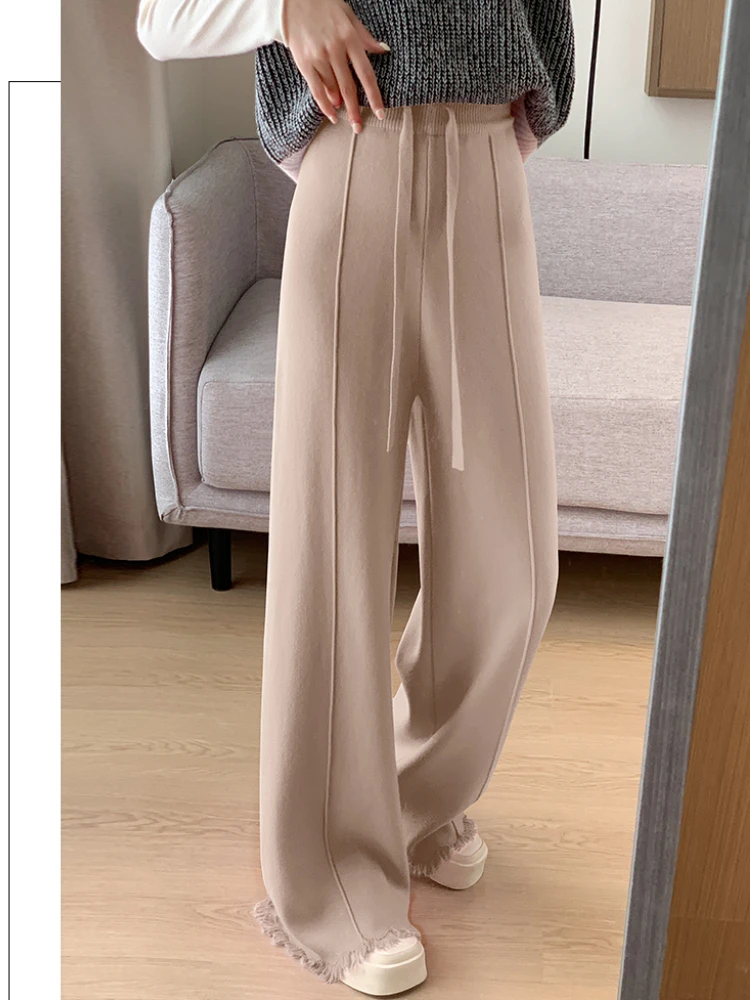 

Tassel Straight Trousers Winter High Waisted Knitted Wide Leg Pants Women Casual Elastic Waist Drawstring Vintage Women's Pants