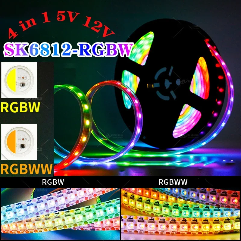 

5V 12V SK6812 Lamp Tape Smart Lights 60leds/m addressable RGBW RGBWW 4 colors in 1 LED Strip SMD 5050