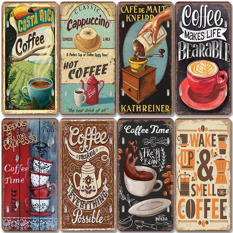 Coffee Licenses Plate Vintage Metal Tin Signs Retro Coffee Time Metal Plaques for Cafe Kitchen