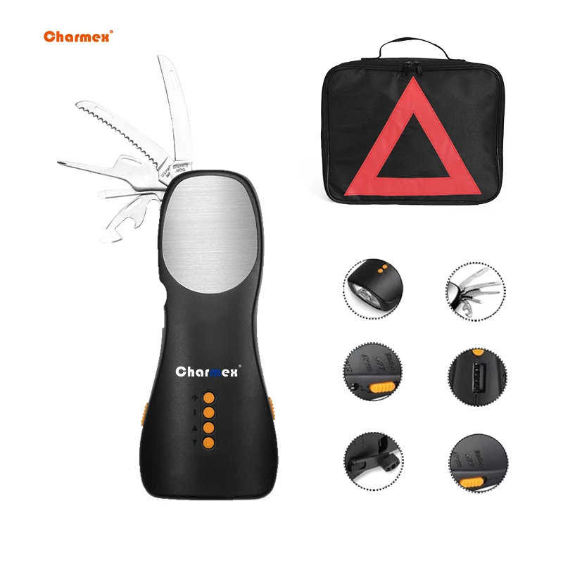 Charmex 다기능 차량 상자 안전 비상 도구 키트, 타이어 공기 펌프 비상 키트, 4 in 1