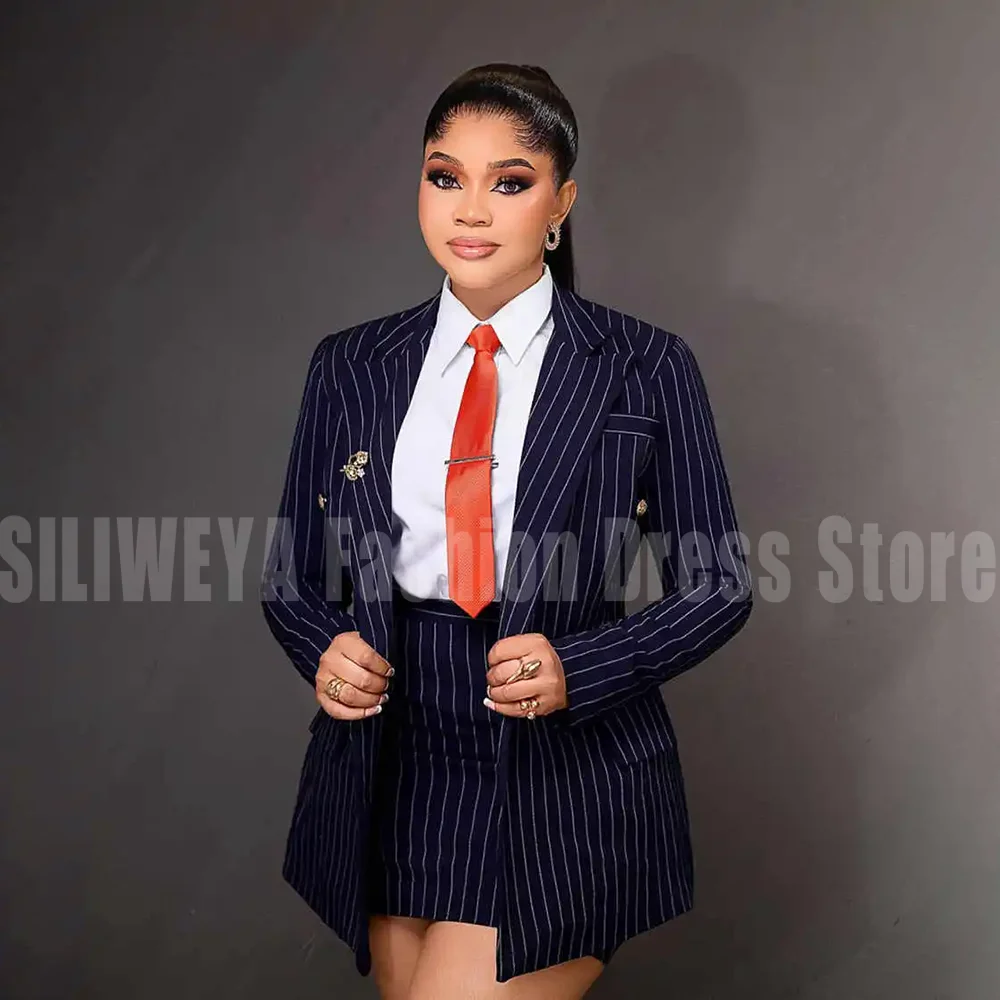 Elegant Blue Stripe Women's Suit Double Breasted Metal Buttons Lady Chic Outfits 2026 Spring New 2 Pieces Set Jacket+Skirt