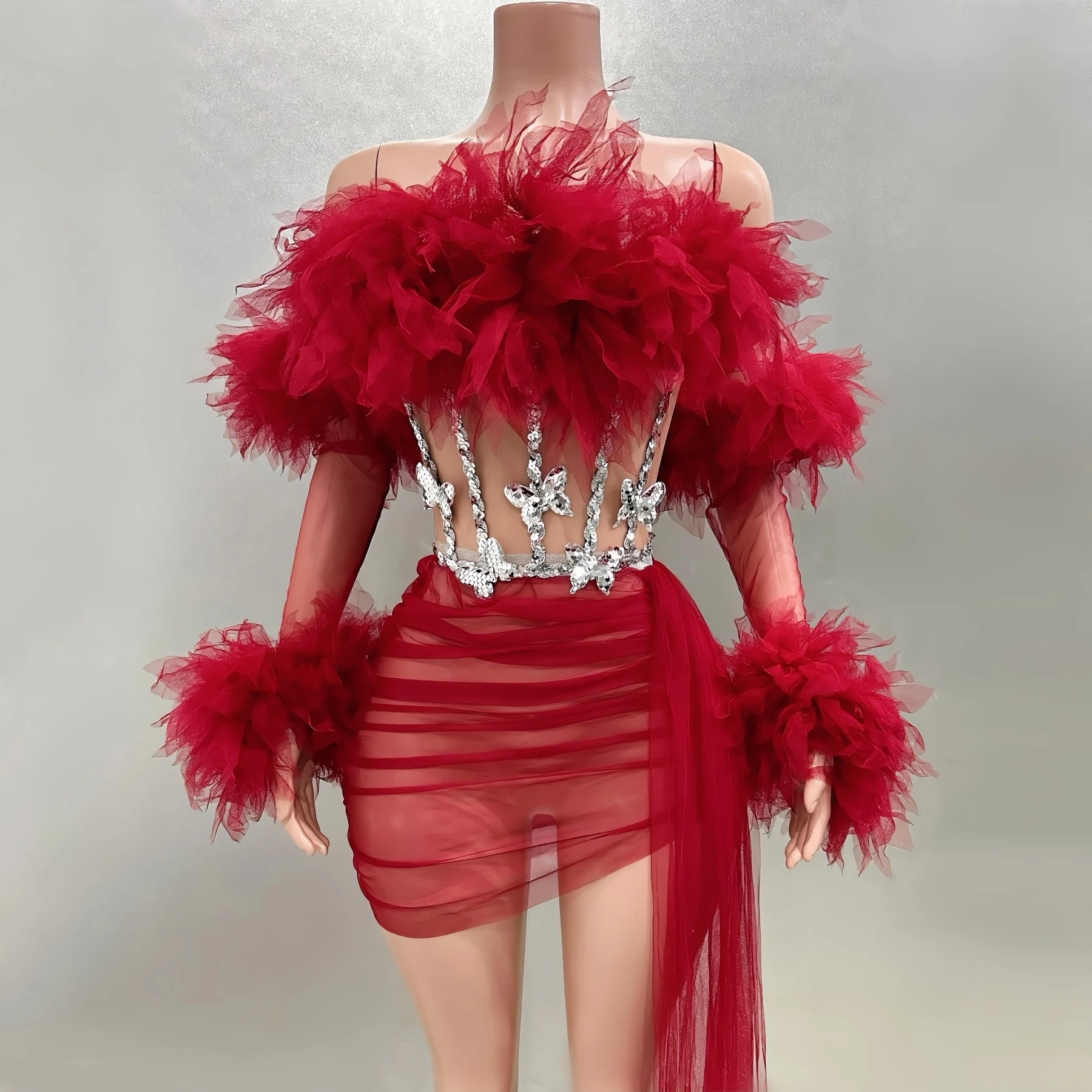 

Red Ruffles Mesh Sexy See-Through Strapless Mini Sheath 2-Pieces Set Evening Party Dress Bar Nightclub Singer Dancer Stage Wear