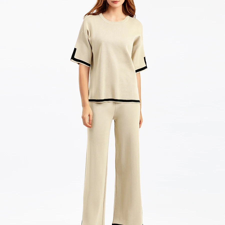 Casual Elegant Women's Sets Autumn/Winter Sportswear O-neck Hoodie Short Sleeve Sweater Wide Leg Pants Set Long Pants 2-piece