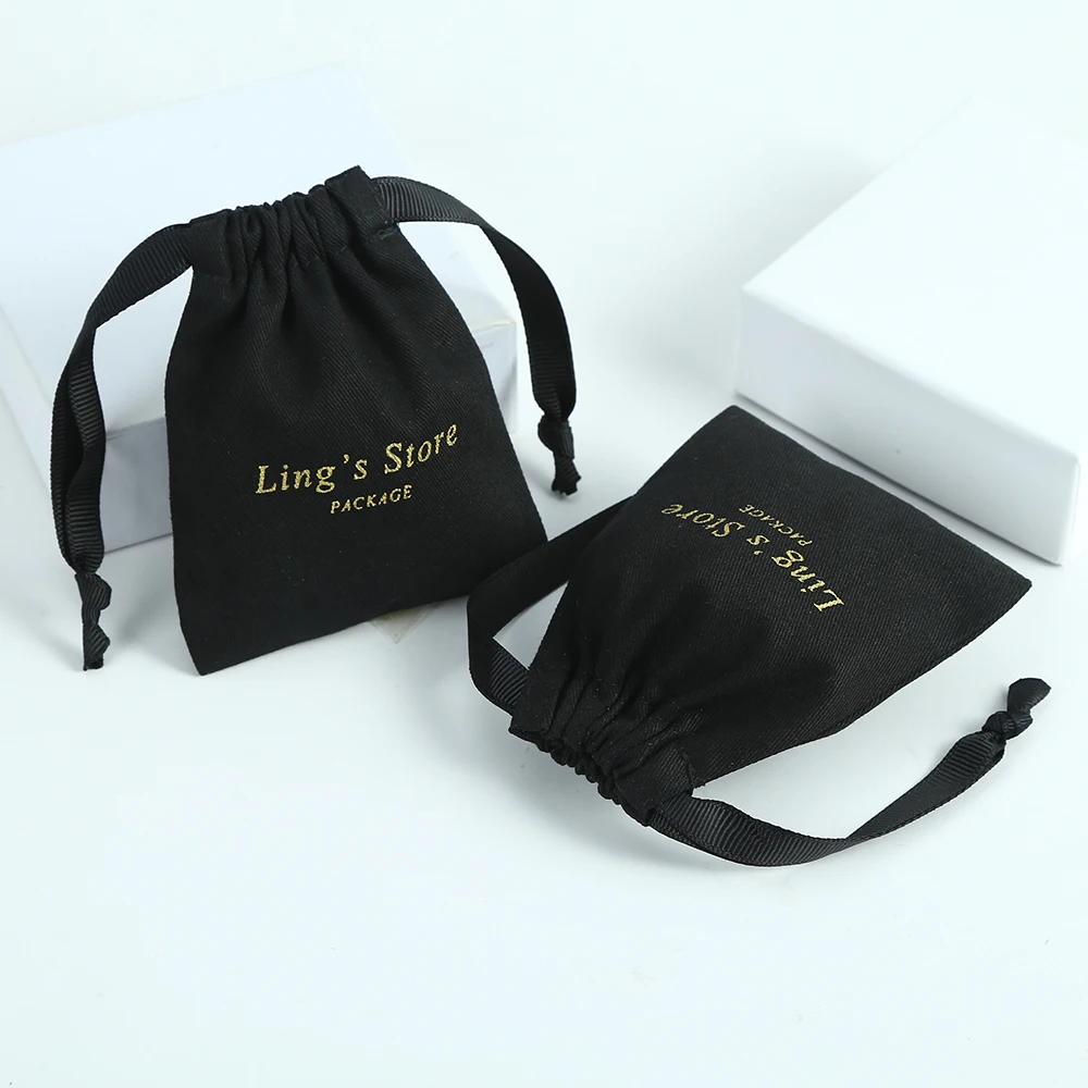 

50pcs Black Jewelry Gift Packaging Pouches Thick Canvas Cotton Drawstring Bags with Ribbon Custom Logo Wedding Favor For Guests