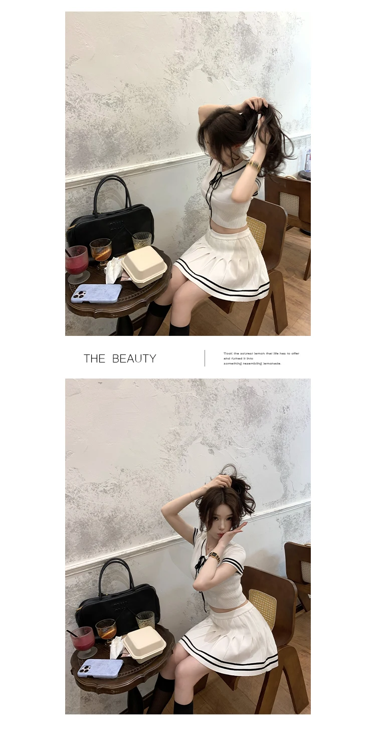 Korean Fashion Knitted Two-piece Set Women Short Sleeve Patchwork Cropped Top Pleated Mini Skirt Preppy Style Outfits New
