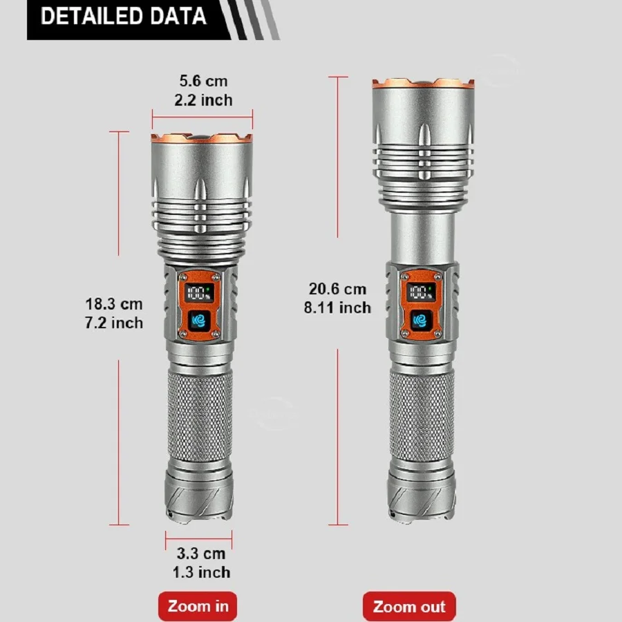 Description Picture 3 of itemNewest Rechargeable LED Flashlight Portable Powerful Torch Light Long Shot 1500M High Power Flashlight Zoomable Tactical Lantern