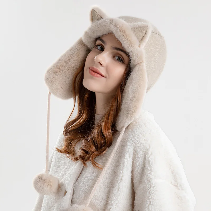 

New Women's Warm Earmuffs Thicken Ear-flapped Hat Female Winter Plush Fur Cat Ears Cap Russian Bomber For Women Bonnet