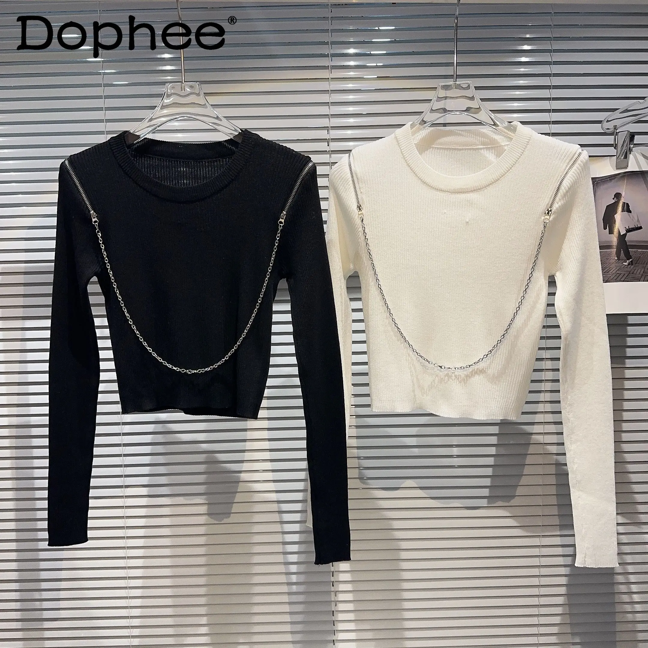 

2023 Autumn New Zipper Shoulder Metal Chain Slim Fit Slimming Knitted T-shirt Women Sexy Hollow Out Long Sleeve T Shirt Female