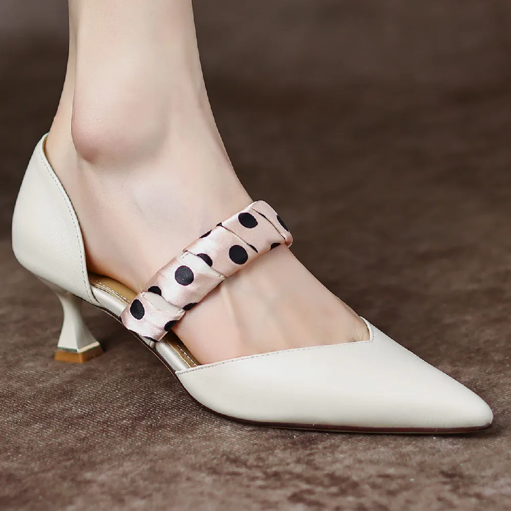 

Women's genuine leather thin high heel pointed toe polka dots slip-on mary jane pumps elegant ladies sweet daily dress sandals