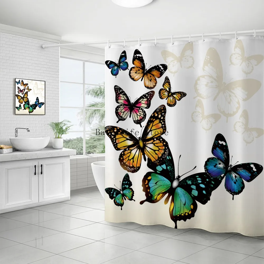 ColorfulButterflyPrintedShowerCurtainPolyesterWaterproofBathroom