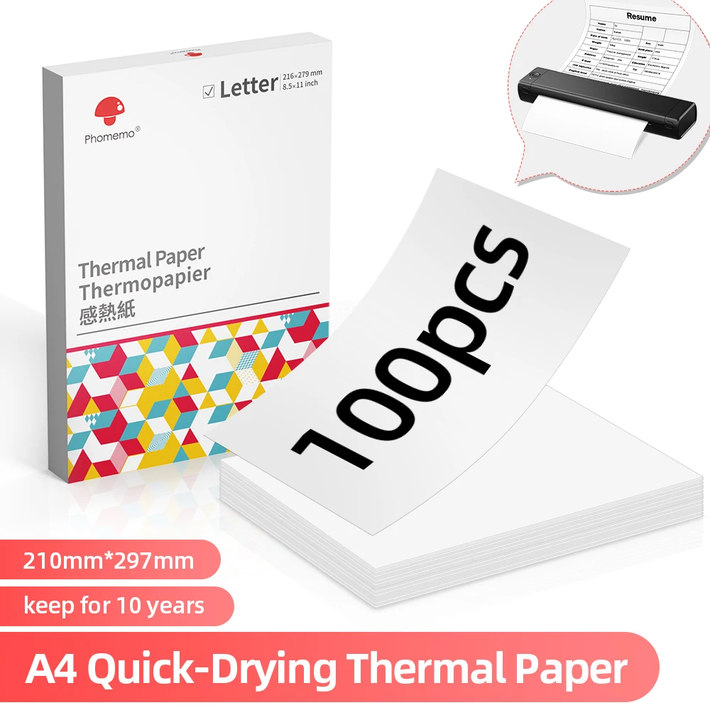 Papel térmico A4 para impresora portátil M08F-A4, compatible con Brother  PJ762/PJ763MFi, Phomemo M08F, HPRT MT800/MT800Q, papel térmico de secado  rápido M08F, 210 x 297 mm, 200 hojas : : Oficina y papelería