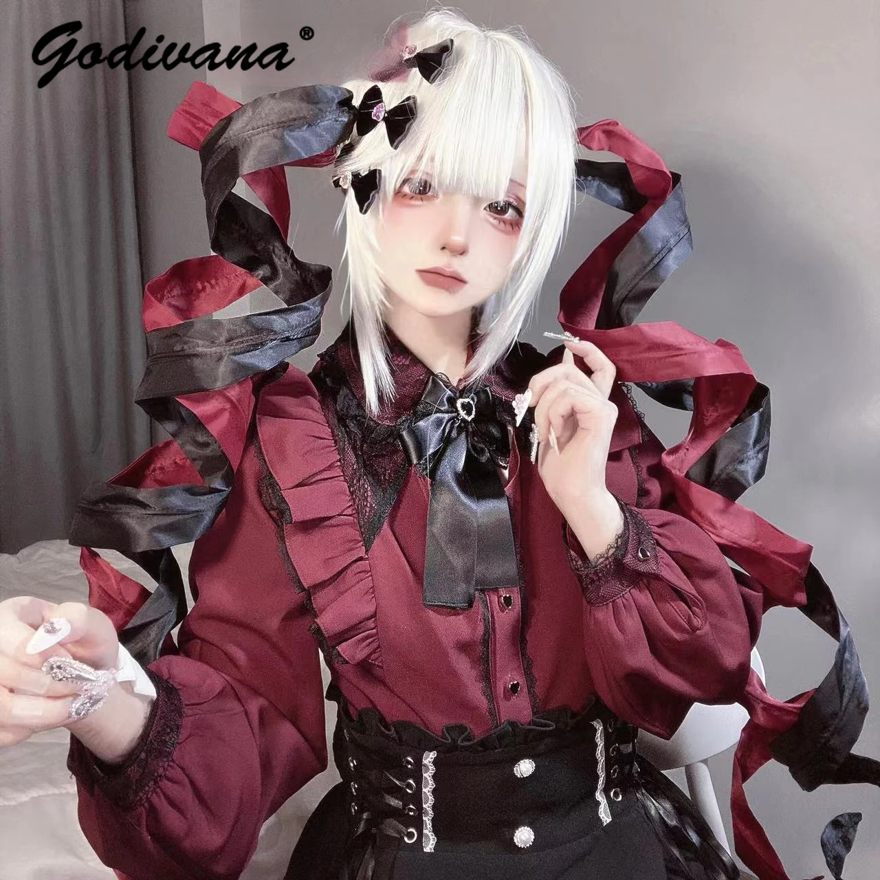 

Original Mine Mass-Produced Lace Patchwork Hollow Long Sleeve Lolita Shirt Japanese Style Ladies Blouses 2024 Spring Tops