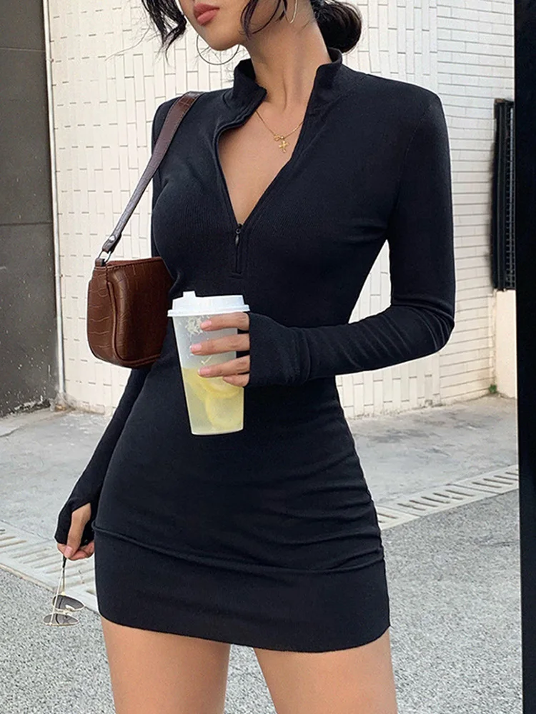 Fashion New Spring Women's Long Sleeve V-Neck Zipper Bodycon Dress Solid Color Elegant Women's Casual Sexy Hip Wrap Short Skirt