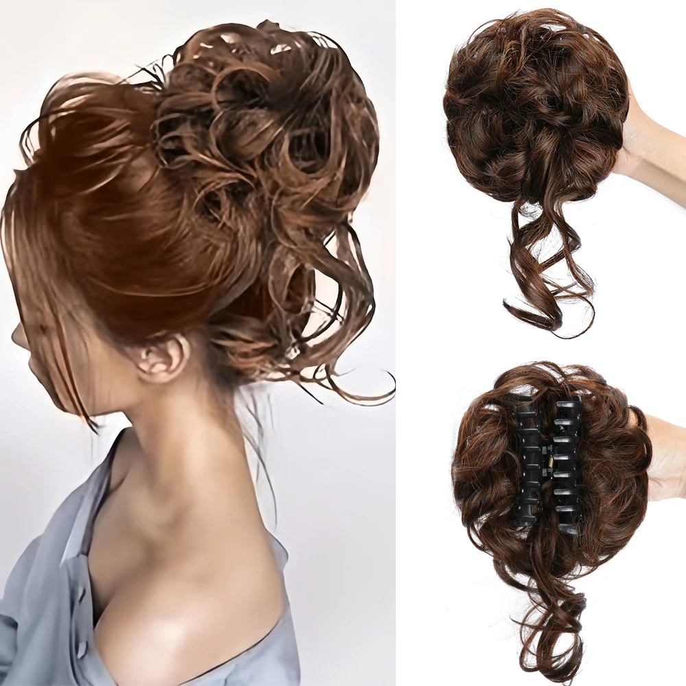 Chignon sintetico Chignon disordinato Artiglio Clip in pezzo di capelli Capelli ricci ondulati Chignon Estensioni coda di cavallo Scrunchie Posticci per le donne - immagine 6