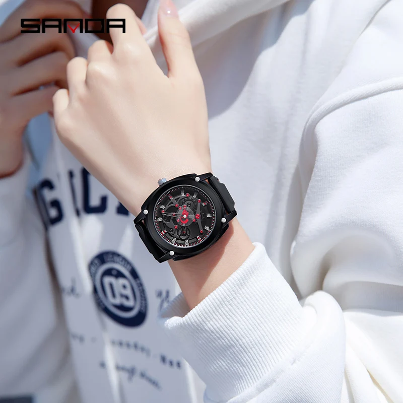 Sanda 3235 New Design Fashion Reloj For Men Soft Silicone Strap 50M Watertight Japanese Quartz Movement Wrist Watch