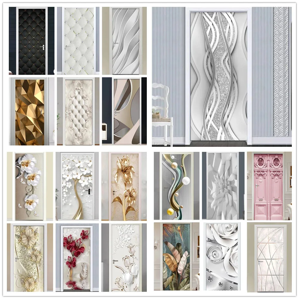 PVC Door Sticker Modern 3D Abstract Fashion Line Silver Pearl Wallpaper Living Room Art Poster Self-Adhesive Mural Stickers | Дом и сад