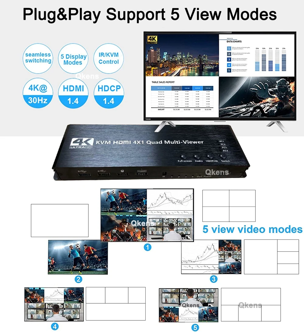 4 in 1 Out KVM HDMI Multiviewer Seamless Switch 4K 4X1 HDMI Quad Multi-viewer Mu