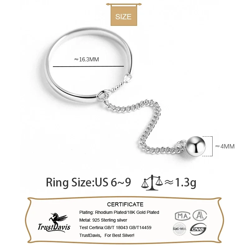 925 Sterling Silver Sweet Beads Chain Open Finger Ring for Women Sterling Silver Wedding Jewelry Gift