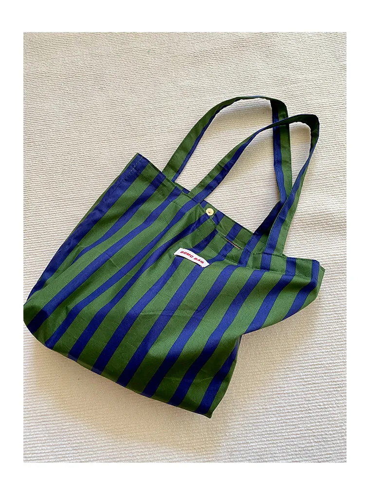 Original Design French Retro Grün gestreifte, vielseitige Umhängetasche, große Kapazitätstasche, Canvas-Tasche, Damentasche, Tragetaschen für Damen – Detail 7