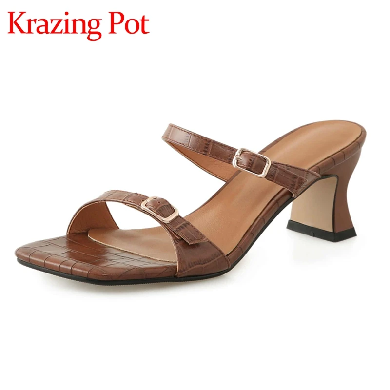 

Krazing Pot Full Grain Leather Peep Toe Strange High Heel Slip on Mules Buckle Decoration Retro Fashion Casual Women Sandals L37