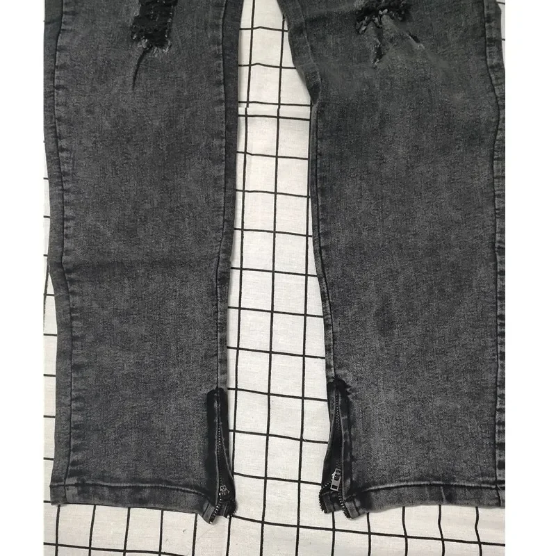 Biker Jeans Men's Distressed Stretch Ripped Biker Jeans Men Hip Hop Slim Fit Holes Punk Zipper Pure Color Denim Pants ripped patchwork jeans,ripped jeans