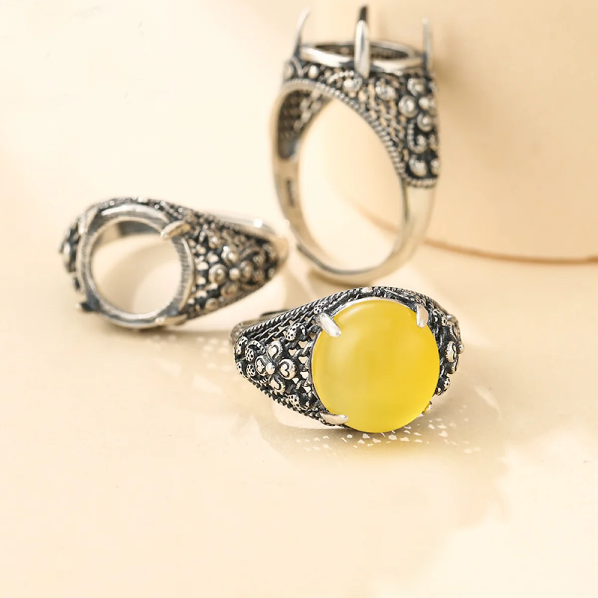 925 Sterling Silver Classic Vintage Adjustable Ring Blank Base Suitable Round Cabochons Cameo for DIY Ring Making Accessories