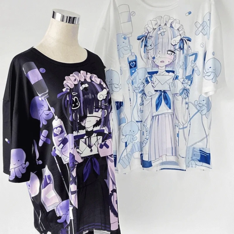 2026 Neues Dunkles Harajuku-Style Mädchen-Print-T-Shirt für Erwachsene im Anime-Stil, locker geschnitten, Übergröße, Kurzarm, süßes Y2K Rollenspiel-Shirt für Kinder