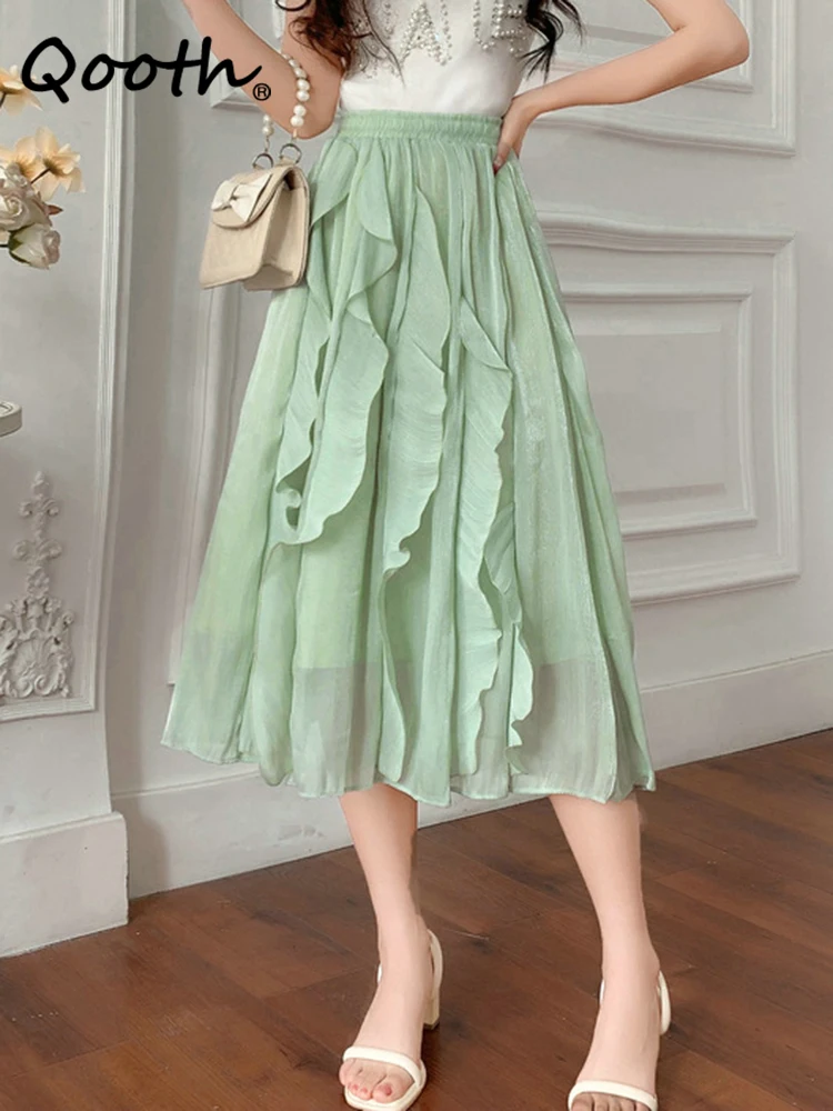 

Qooth Женская Блестящая юбка миди из тюля с оборками, элегантная Асимметричная трапециевидная юбка с высокой талией для лета и весны QT2112