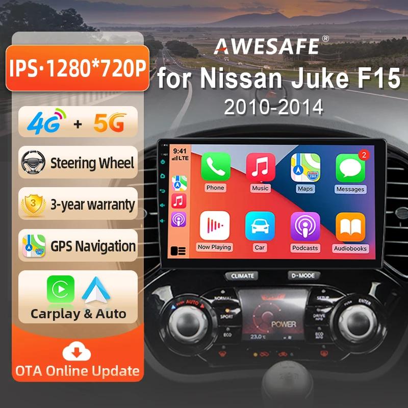 AWESAFE Radio Android de 9 pulgadas para Nissan Juke YF15 2010-2014, CarPlay inalámbrico y Android Auto, navegación GPS, soporte multimedia, control del volante, amplificador de subwoofer, cámara trasera, Plug and Play, DAB+, autorradio digital, radio de coche 2 DIN, estéreo, RDS, DSP, FM, WIFI 1