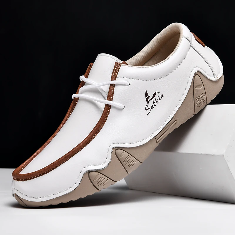 ANUFER Heren Echt Leer Platte Loafers Aantrekken Zacht Handgemaakte Zool Casual Rijschoenen Wit SN070560 EU44 ANUFER Heren Echt Leer Platte Loafers Aantrekken Zacht Handgemaakte Zool Casual Rijschoenen Wit SN070560 EU44