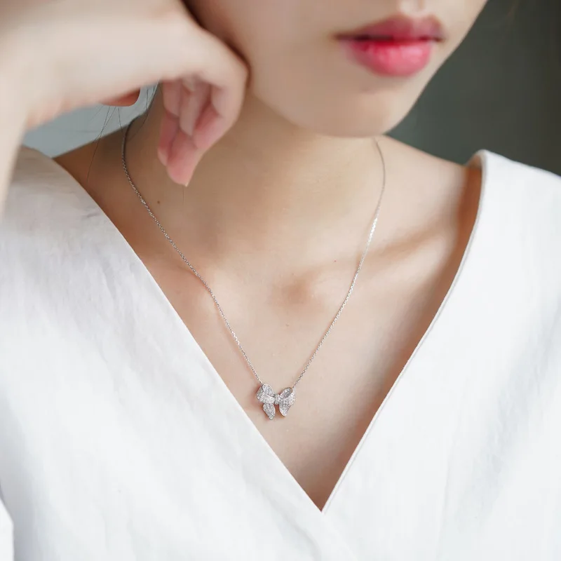 Fashion Cute Bow Pendant Necklace Brilliant 925 Sterling Silver Choker Unquie Women Wedding Engagement Jewelry Gift pendant necklace silver necklace silver pendant