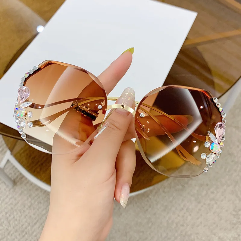 Rimless Diamond Sunglasses Women Men Fashion Polygon Oversized