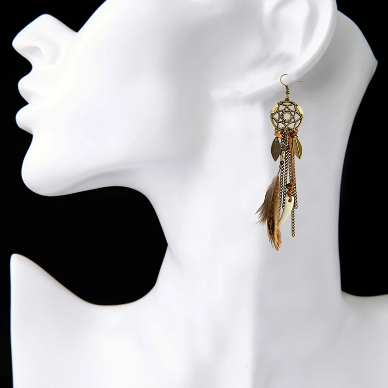 Pendientes de gancho largo de pluma de atrapasueños étnico bohemio, pendientes de borla de cadena hechos a mano, joyería antigua para mujer