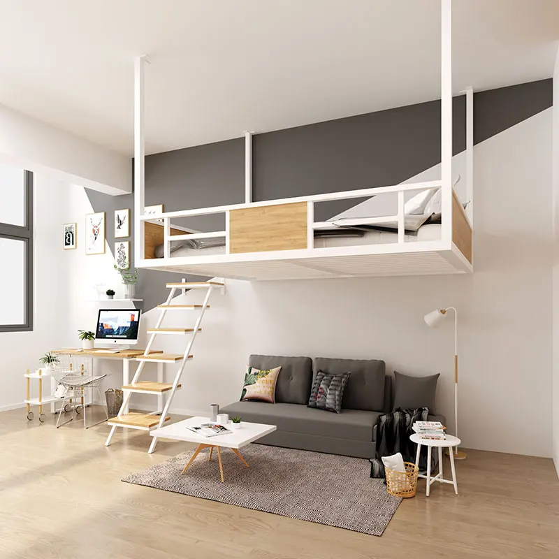 Modern small apartment, l hanging wall bed, wrought iron loft bed
