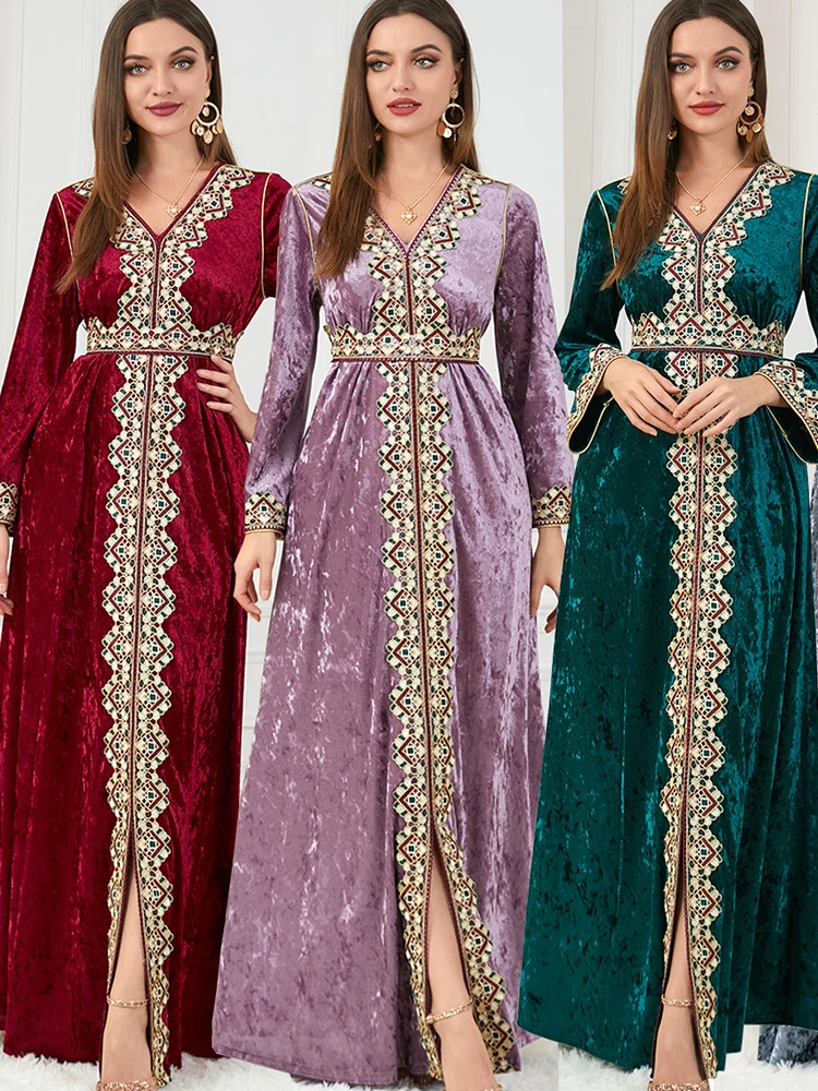 Abito Musulmano In Velluto Invernale Donna Abaya Ricamo Marocco Abito Da Festa Addensare Split Abaya Caftano Islam Turchia Abito Lungo Arabo