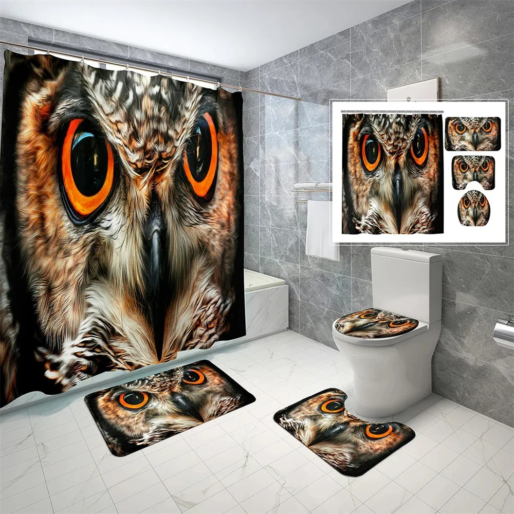 

Owl shower Curtain Forest Flower bird scenery Bathroom set non-slip carpet Toilet seat mat shower curtain Bathtub Partition