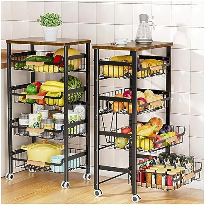 

5-Tier Rolling Storage Cart with Wheels, Large Capacity Kitchen Cart, Mobile Utility Cart with Wooden Tabletop and Mesh Baskets
