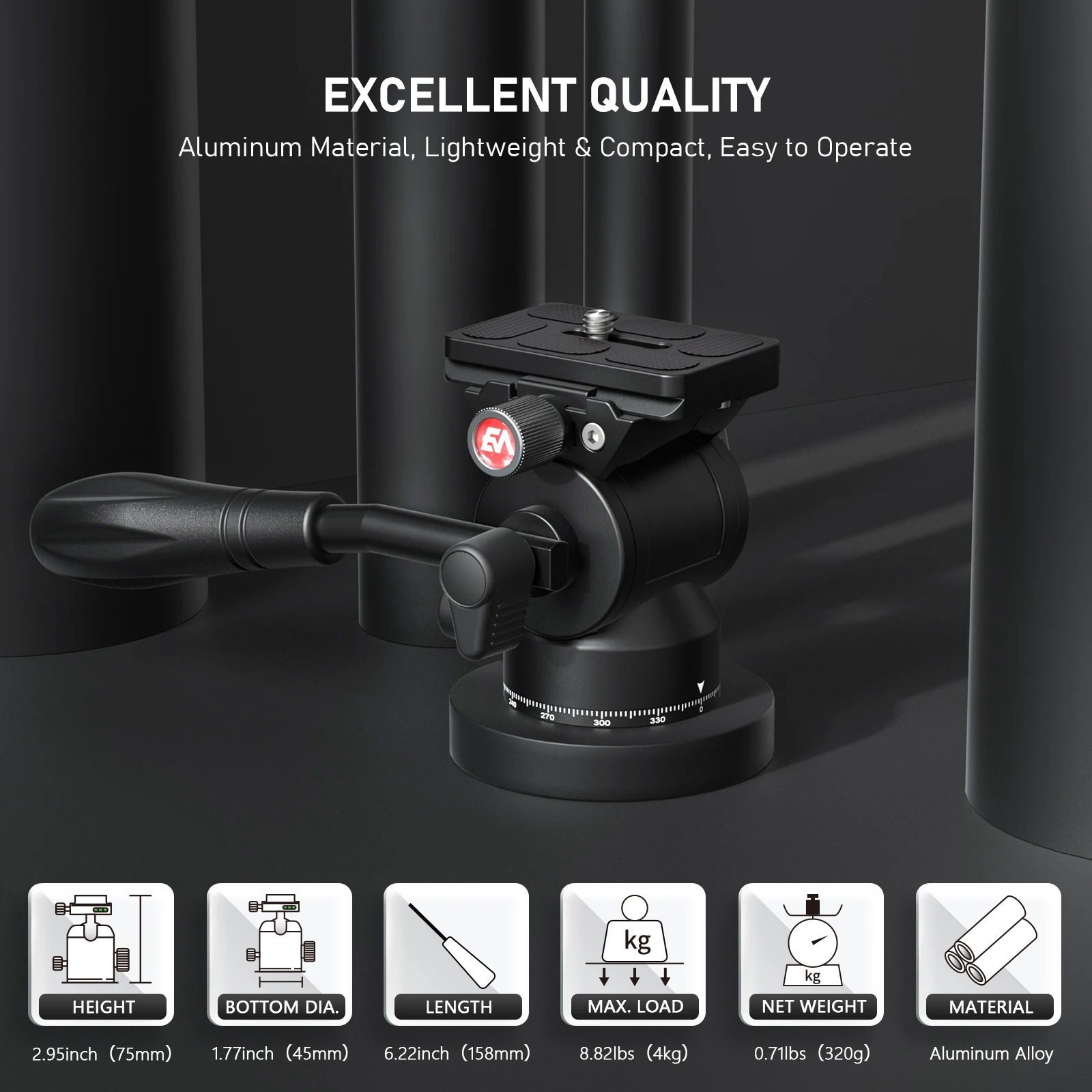 Stativ kopf Mini Hydraulik flüssigkeit Video kopf Aluminium Panorama Kamera halterung Arca Schweizer Schnell wechsel platte maximale Last 4kg/8,82 lbs – Detail 3