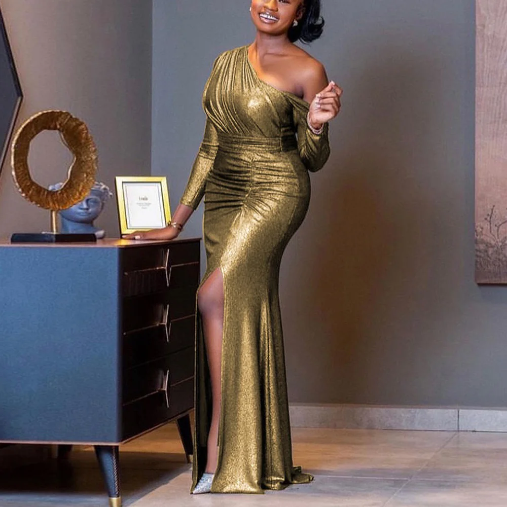 

Sexy Birthday Party Dress Women One Shoulder Full Sleeve High Waisted Side Split Floor Length Luxury Elegant Evening Dinner Hot