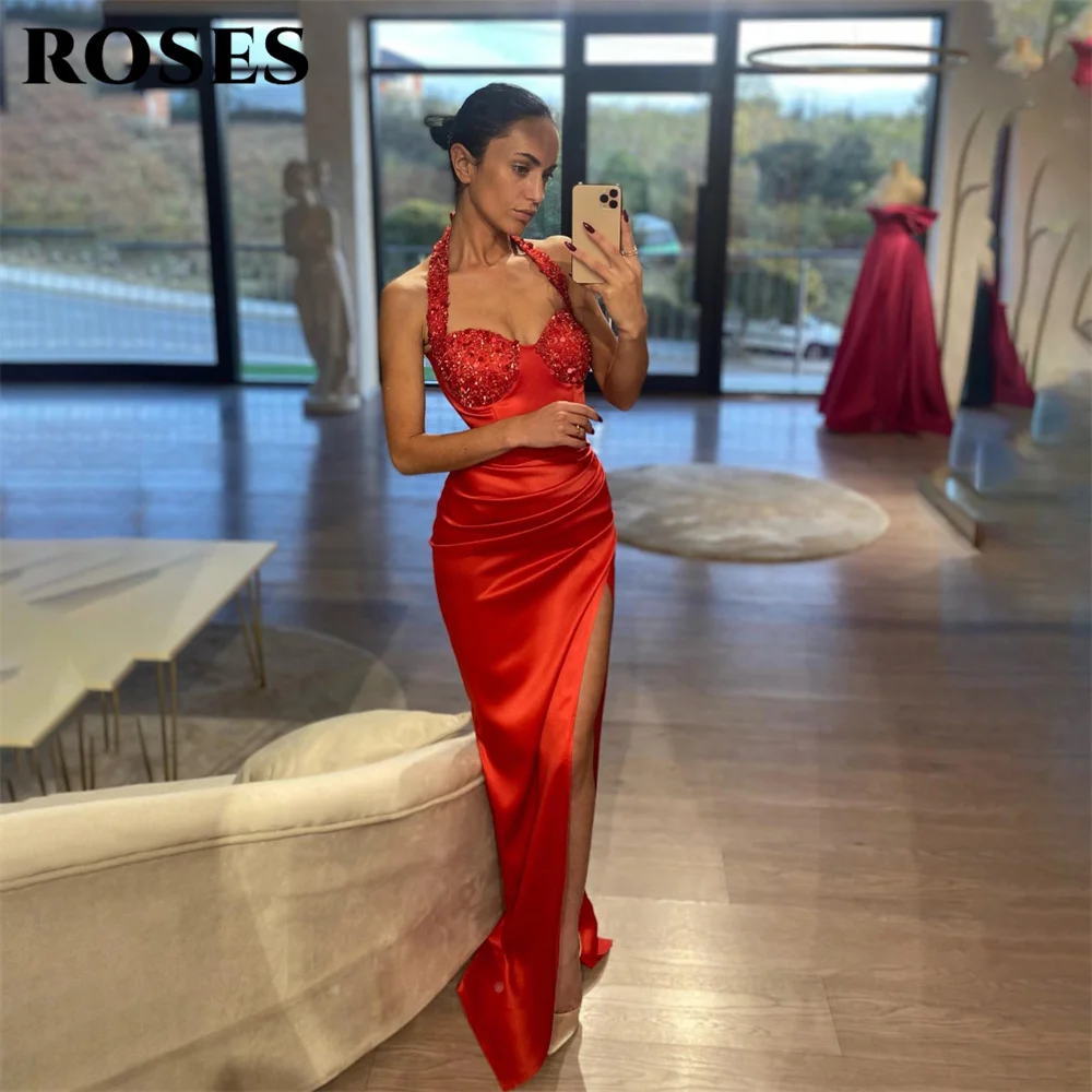 

ROSES Halter Trumpet Evening Gown Side Split Stain Elegant Prom Dress Shining Sweetheart Wedding Evening Dress robes de soirée