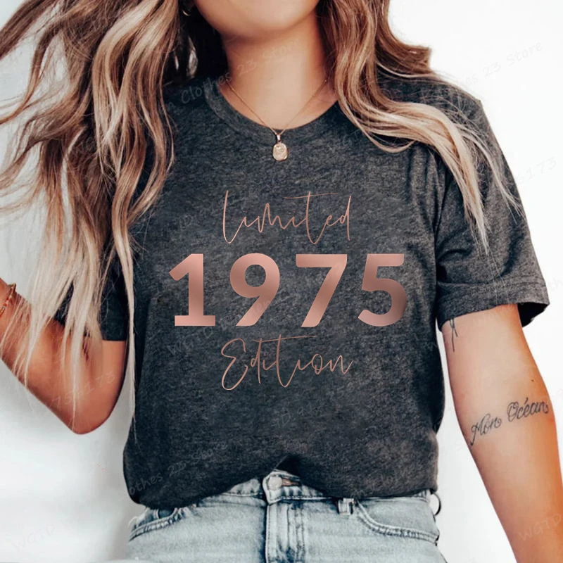 Limited Edition 1975 Vintage 70th Birthday Letter Print T-Shirts, Women's Casual Short Sleeve Crew Neck Top for Summer & Spring 3