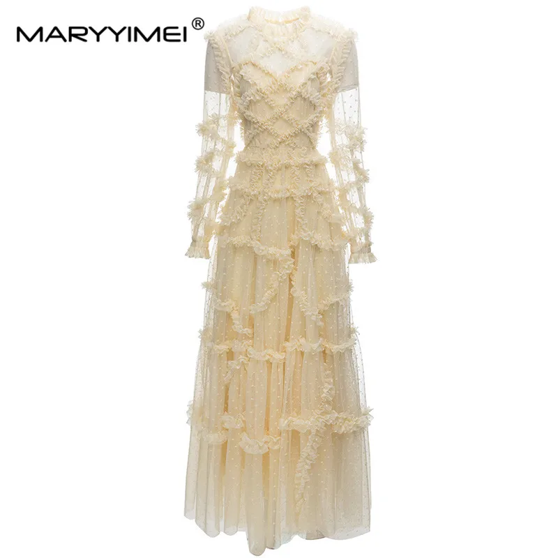 

MARYYIMEI Новое Осеннее модное элегантное платье с рукавами-фонариками с деревянными краями в горошек Сетчатое банкетное облегающее длинное платье