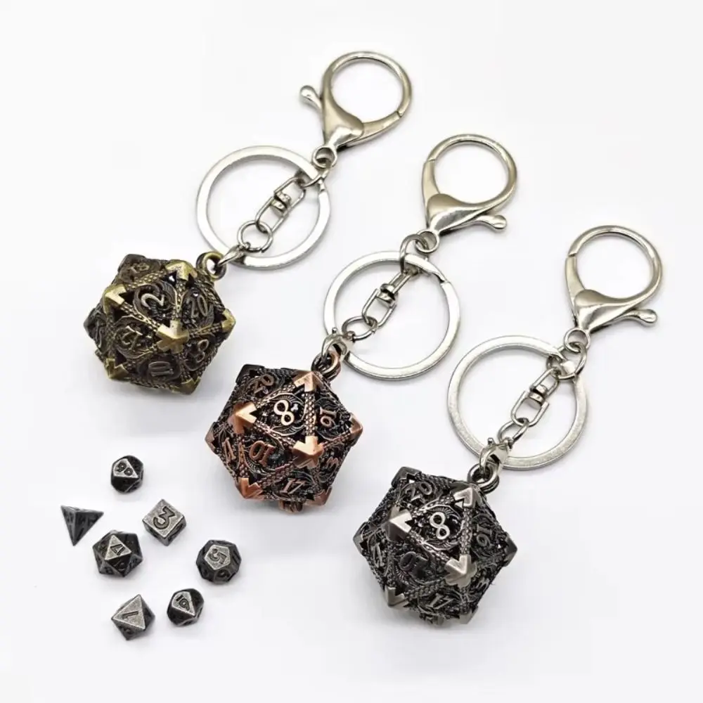 7Pcs Durable 6MM D20 DND Dice Gold Silver Bronze Keychain Pendant Metal Dice Hollow Mini Polyhedral Dice Party