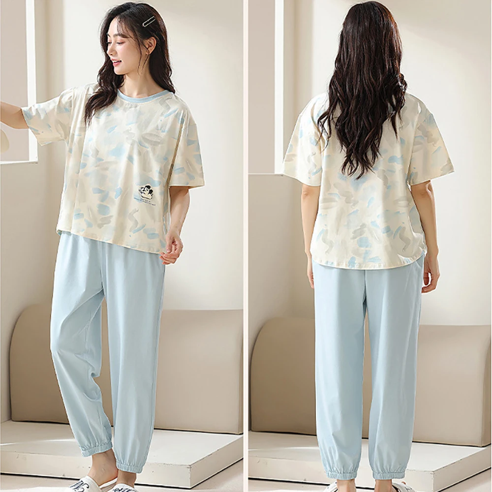 M-2XL Summer Short Sleeve Pijama Sleepwear 100% Cotton Antibacterial Breathable Women's Pajamas Sweet Cute Cartoon Trousers Sets