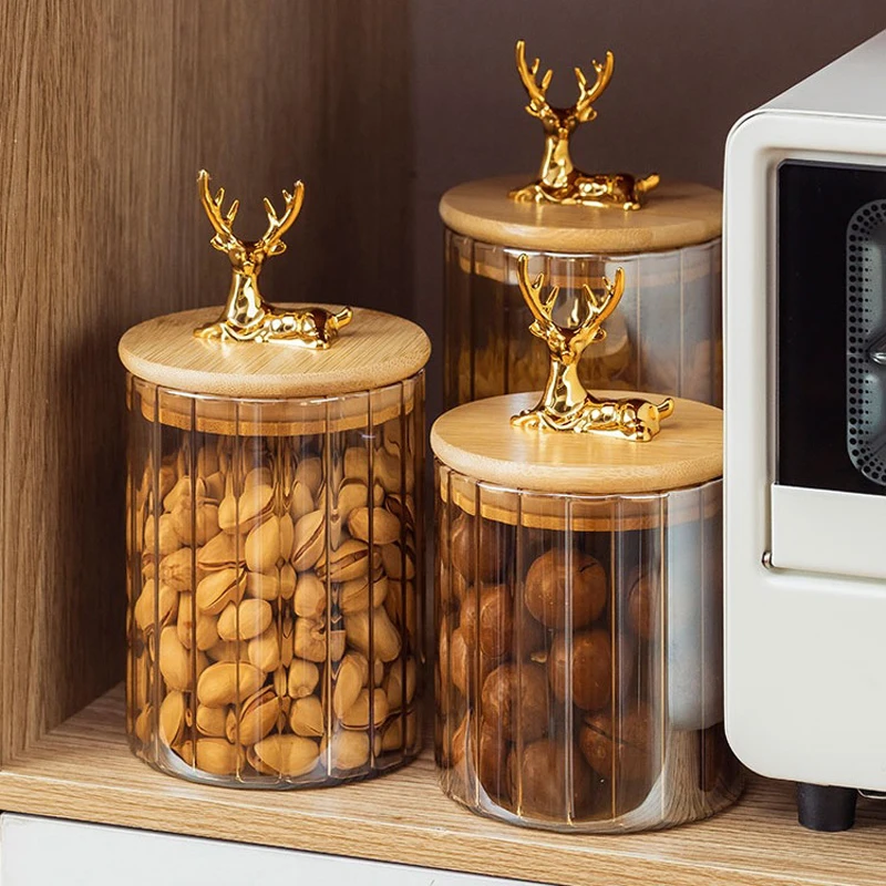 Glass Food Jar with Sealed Bamboo Lid Kitchen Pantry Grains Cookie Coffee Tea Candy Snack Storage Bottle Jars Kitchen Canister