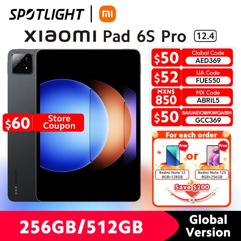 샤오미 패드 6S 프로 글로벌 버전, 크리스탈 클리어 디스플레이, 스냅드래곤 8, 2 세대 모바일 플랫폼, 120W, 12.4 인치, 144Hz, 3K 