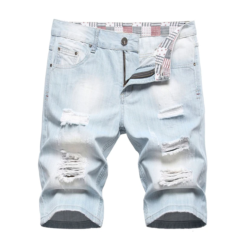 

2023 Summer New Mens Ripped Short Jeans Bermuda Thin 97% Cotton Casual Shorts Breathable Denim Shorts Male Size 29-42