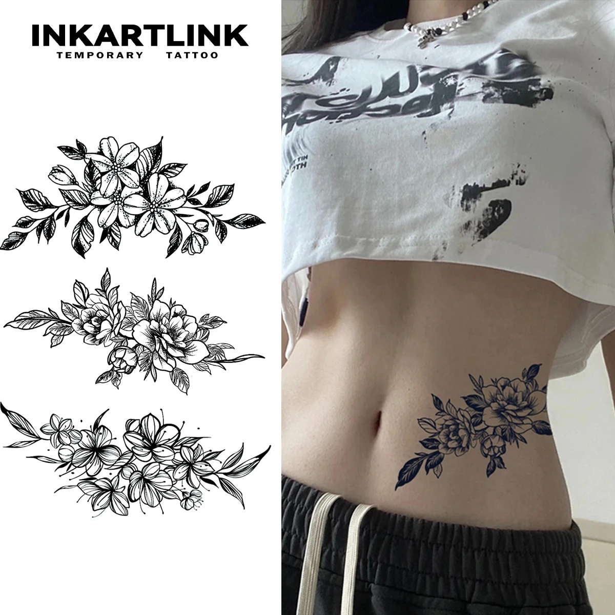 10 Stück Temporäre Tattoo-Aufkleber Für Frauen | Blumen-Design, Wasserdicht, Ca. 42x6 Cm | Für Bauch, Taille, Partys & Strand
